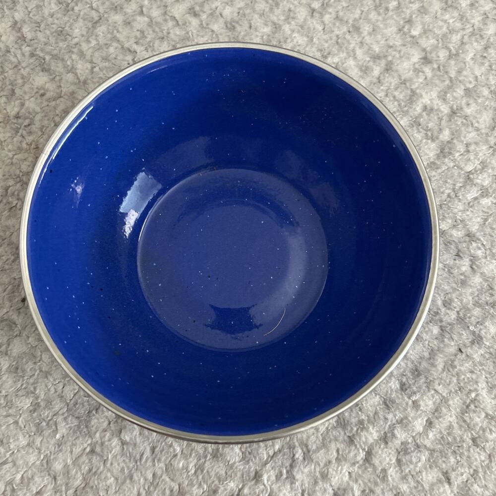 Blue And White Speckled Enamelware Bowl 6” Silver Rim Camping Cottage Country